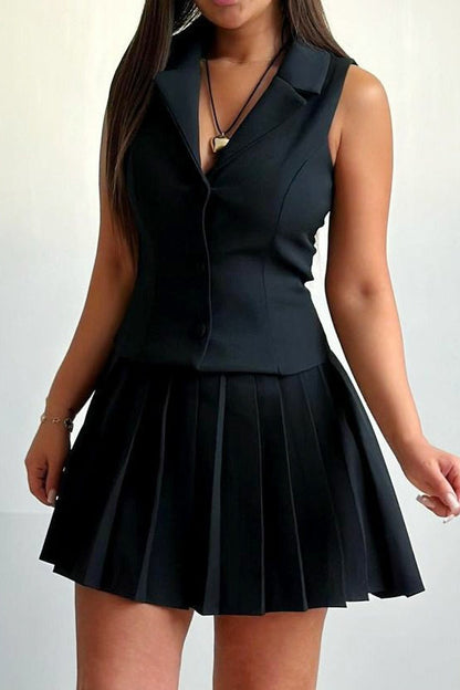 Two Piece Cropped Vest Pleated Skirt Set