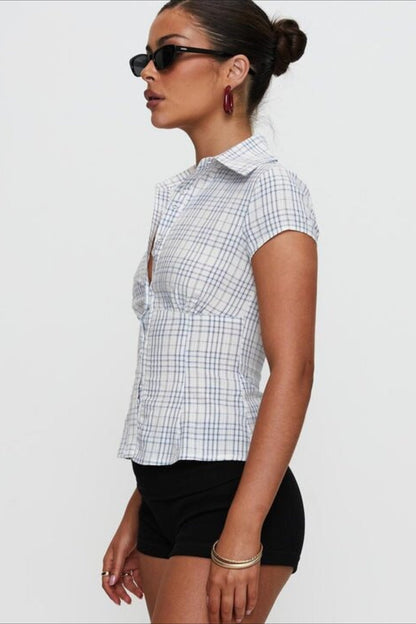 Plaid Double Button Slim Fit Shirt Blouse