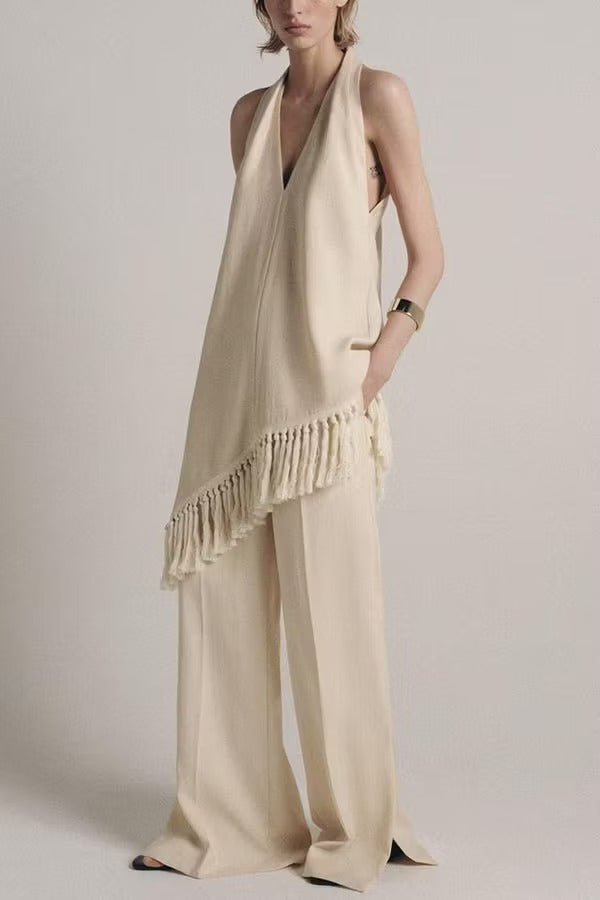 Kortnie Linen Blend Tassel Hem Halter A-line Top and High Rise Pocket Wide Leg Slit Pants Set