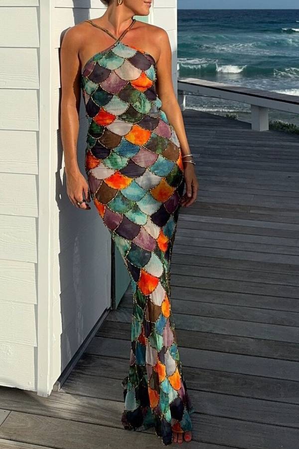 Fish Scale Color-Patchwork Halter Neck Mermaid Maxi Dress