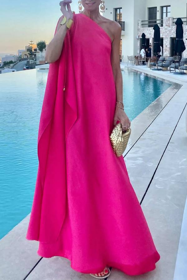 Raspberry Pink One-Shoulder Cape Flowy Maxi Dress