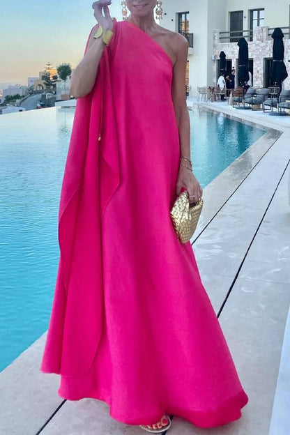 Raspberry Pink One-Shoulder Cape Flowy Maxi Dress