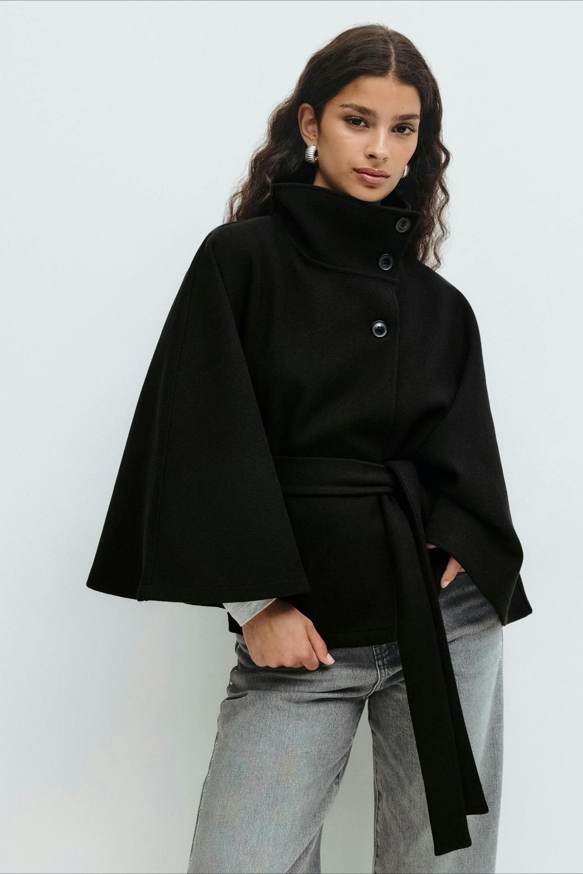 High Neck Button Detail Batwing Sleeve Coat