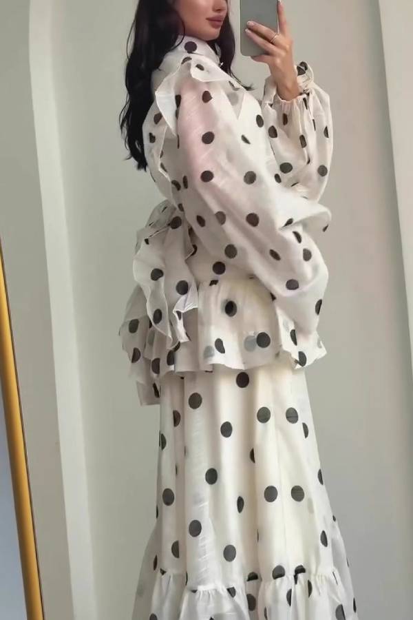Polka Dot High-Neck Puff-Sleeve Tiered Maxi Dress
