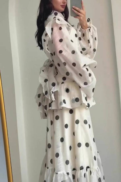Polka Dot High-Neck Puff-Sleeve Tiered Maxi Dress