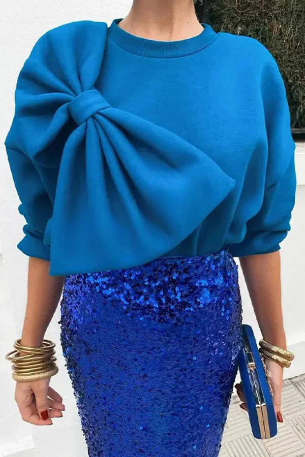 Solid Color Round Neck Long Sleeve Bow Loose Sweatshirts