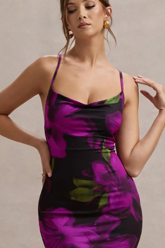 Printed Crisscross Strap Backless Slim Floral Dress