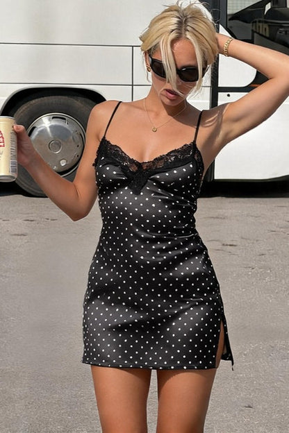 Polka Dot Lace Trim Backless Cami Mini Dress