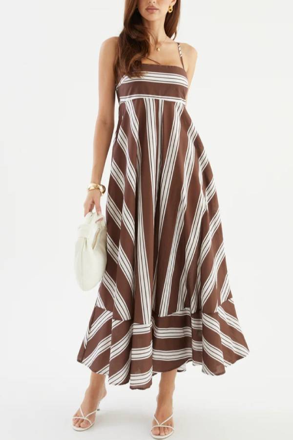 Vacation Style Striped Spaghetti Strap Waisted Maxi Dress