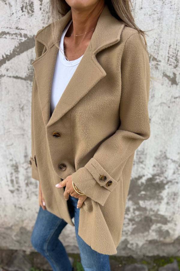 Lapel Cuff‑Button Short Woolen Coat