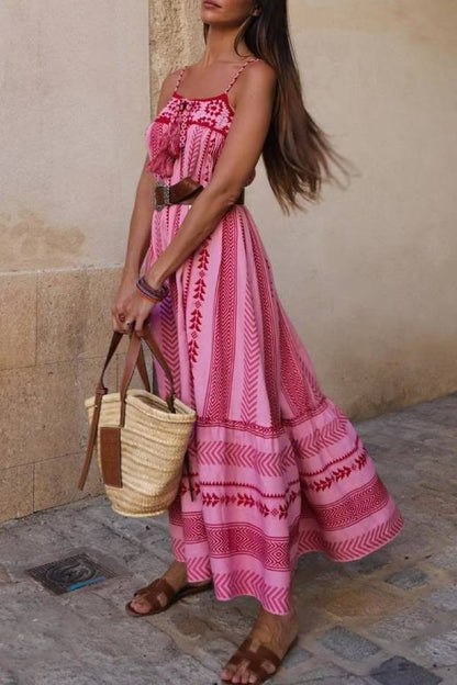 Bohemian Geometric Embroidered Cami Maxi Dress