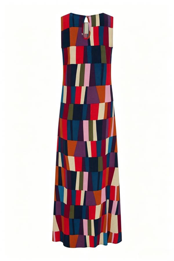 Retro Chic Linen Blend Colorful Color Block High Round Neck Sleeveless Maxi Dress