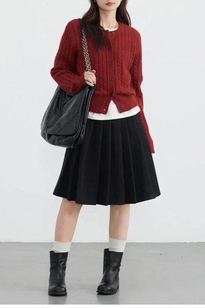 Red Twist Knit O-Neck Cardigan