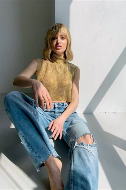 Full Rhinestone High Neck Crop Top