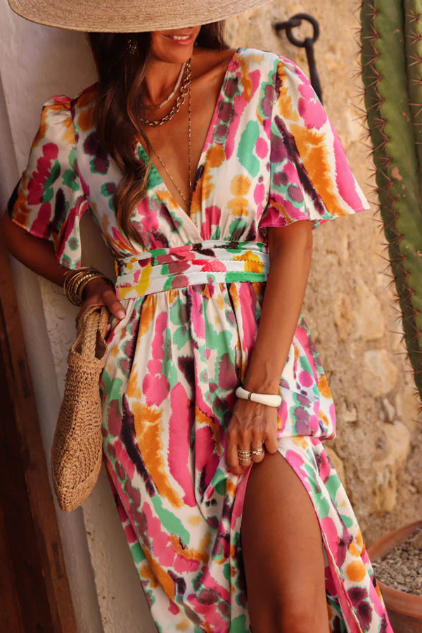 Boho Tie-dye Print V Neck Maxi Dress