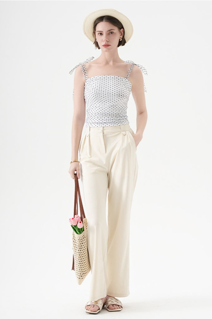 Polka Dot Halter Cropped Ruched Tie Front Tank Top