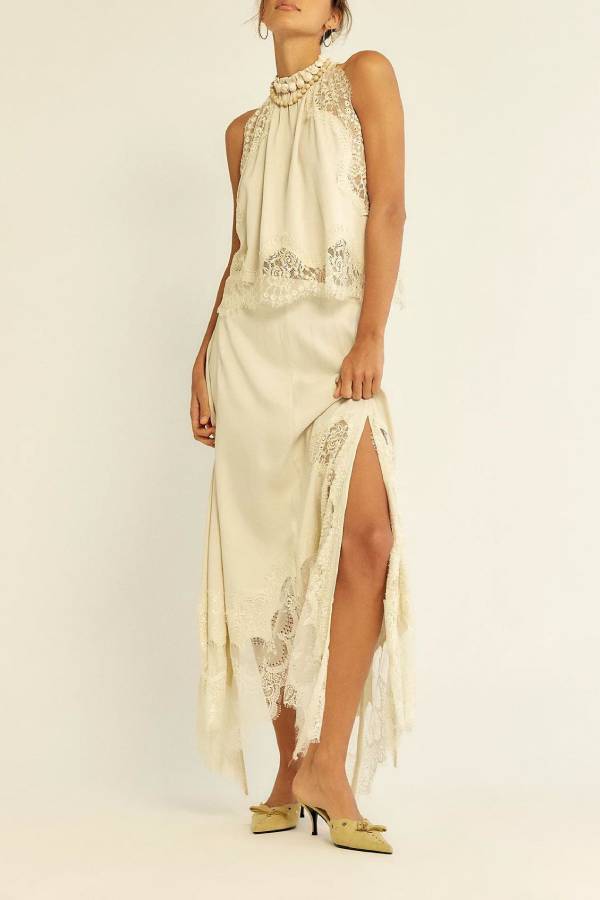 High Neck Sleeveless Lace Trim Satin Top & Slit Irregular Lace Midi Skirt Two Piece Set