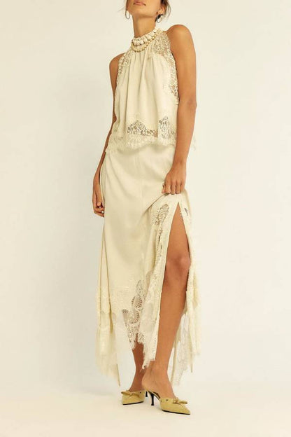 High Neck Sleeveless Lace Trim Satin Top & Slit Irregular Lace Midi Skirt Two Piece Set