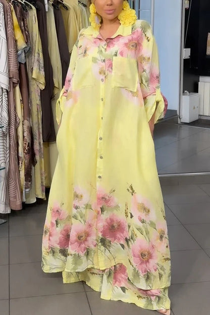Alice Linen Blend Floral Print Long Sleeve Midi Shirt and Elastic Waist Pocketed Loose Pants Set