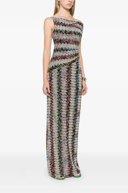 Cocktails and Vacation Knit Colorful Zigzag Pattern One Shoulder Slit Maxi Dress