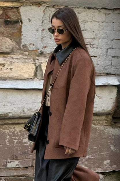 Relaxed Fit Suede Contrast Collar Coat