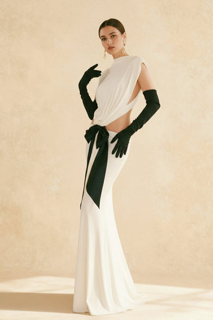 Mock Neck Sleeveless Side Cut Out Oversized Bow Tail Maxi Gown
