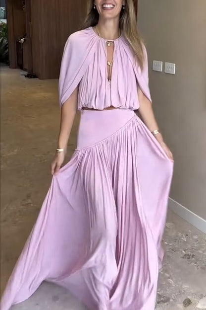 Venus Cutout Neck Slit Sleeve Crop Ruched Top and High Rise Pleated Maxi Skirt Set