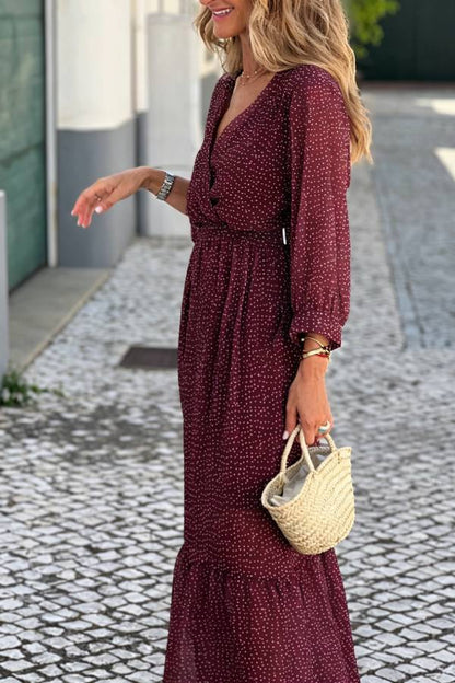 Burgundy Polka Dot V‑Neck Waisted Ruffle Maxi Dress