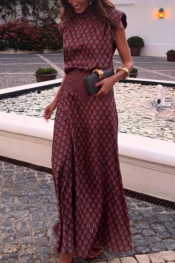Dalena Satin Art Print High Tie-up Neck Short Sleeve Top and High Rise Maxi Skirt Set