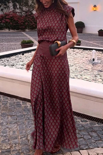 Dalena Satin Art Print High Tie-up Neck Short Sleeve Top and High Rise Maxi Skirt Set