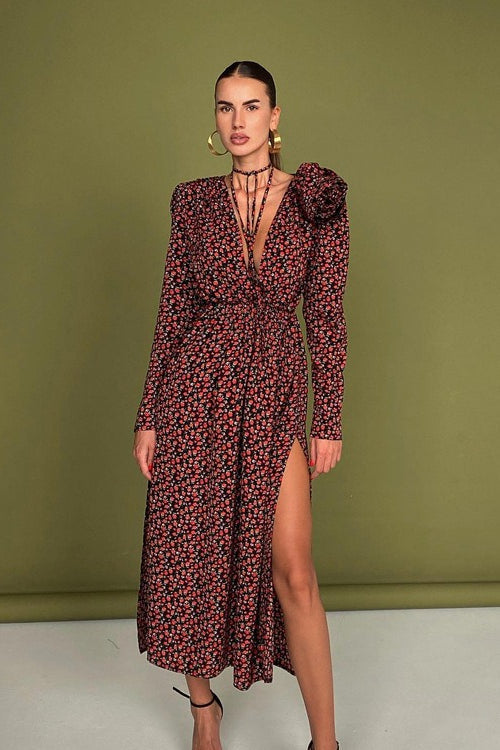 Side Slit Deep V Neck Tie Waist Floral Maxi Dress