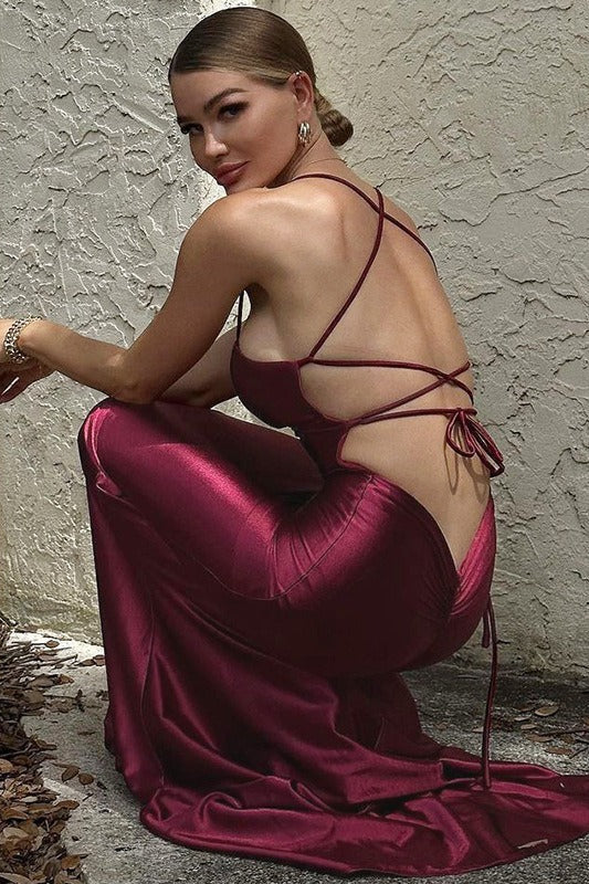 Sexy Deep Backless Lace Up Prom Dress