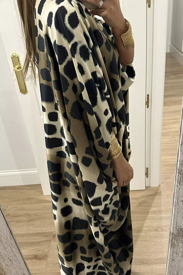 Satin Printed Rhinestone Twist Loose Kaftan Maxi Dress