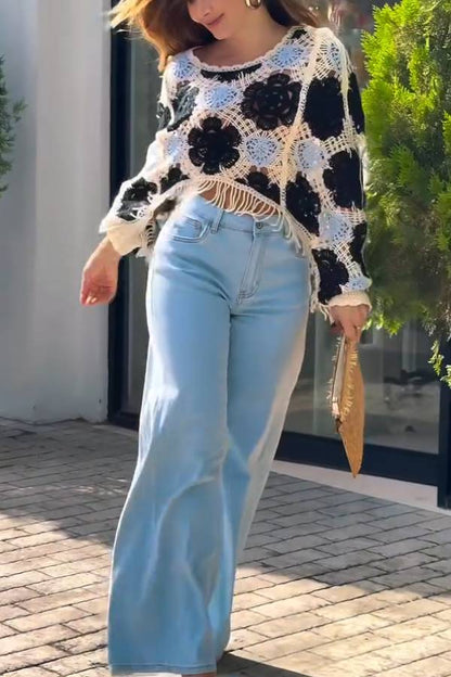 Color-blocked crochet openwork tassel cover-up