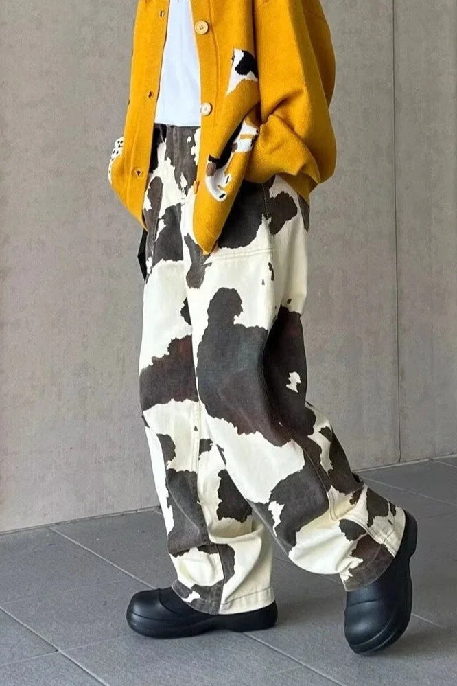 Baggy Cow Pattern Wide Leg Jeans