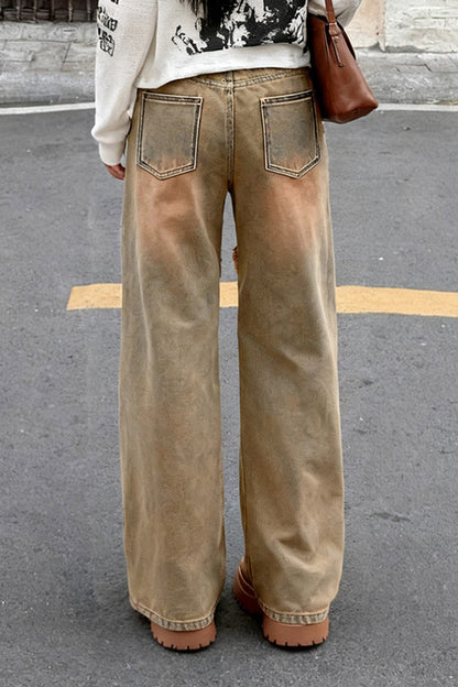 Distressed Frayed Detail Panel Straight Leg Jeans
