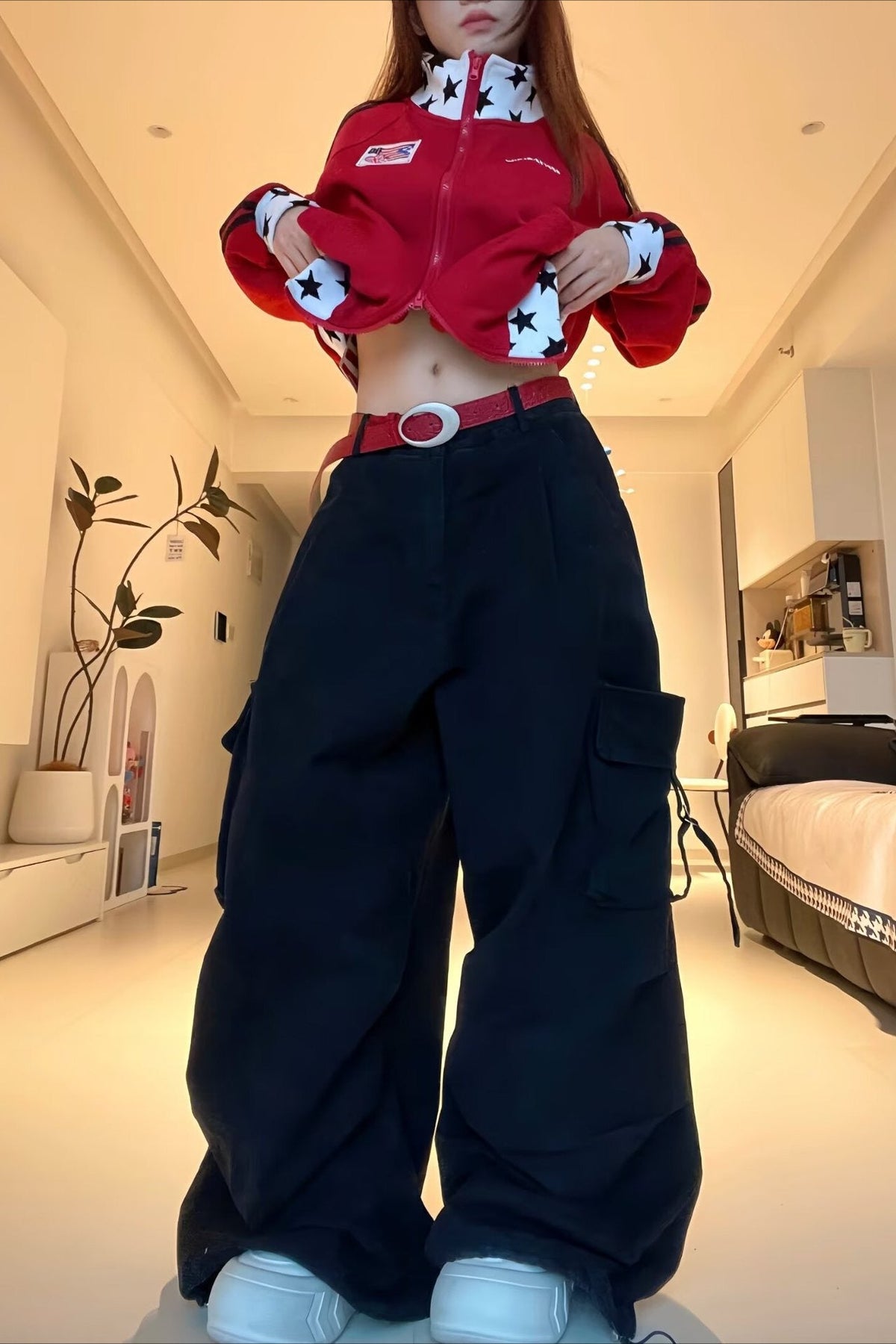 Letter Print Cargo Wide Leg Jeans
