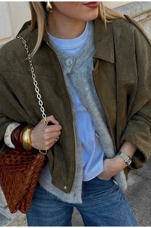 Suede Cropped Zip-Up Jacket