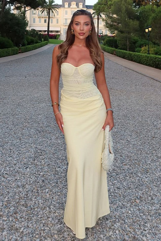 Solid Color Sleeveless Mesh Slip Prom Dress