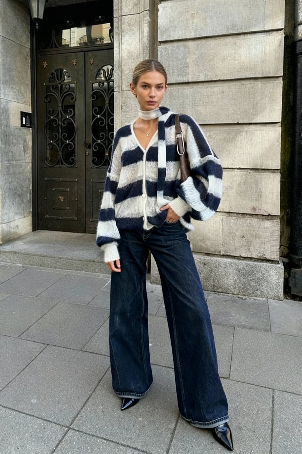 V-Neck Patchwork Knit Cardigan