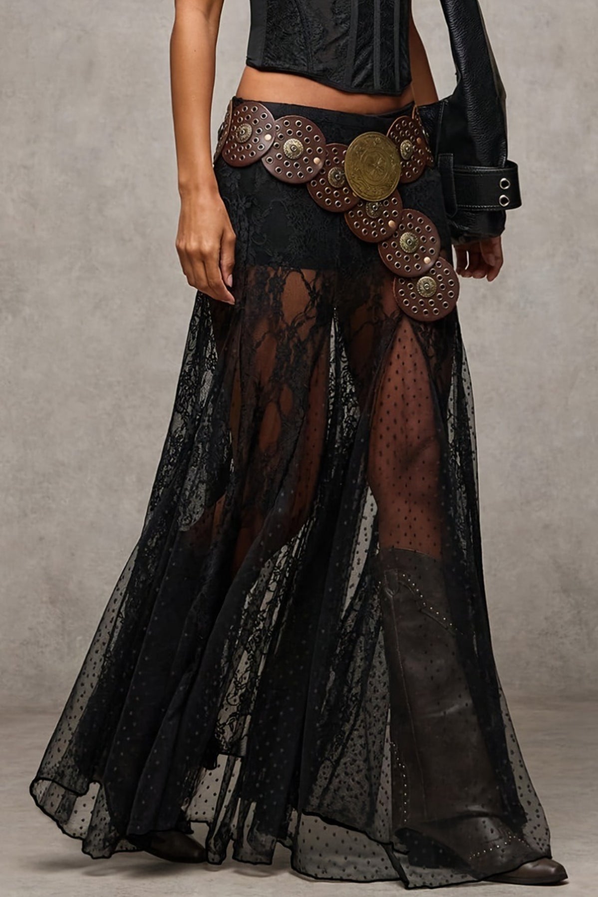 Lace Print Sheer Low Waist Maxi Boho Skirt