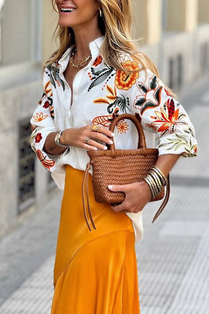 Bohemian Floral Embroidered Linen Shirt