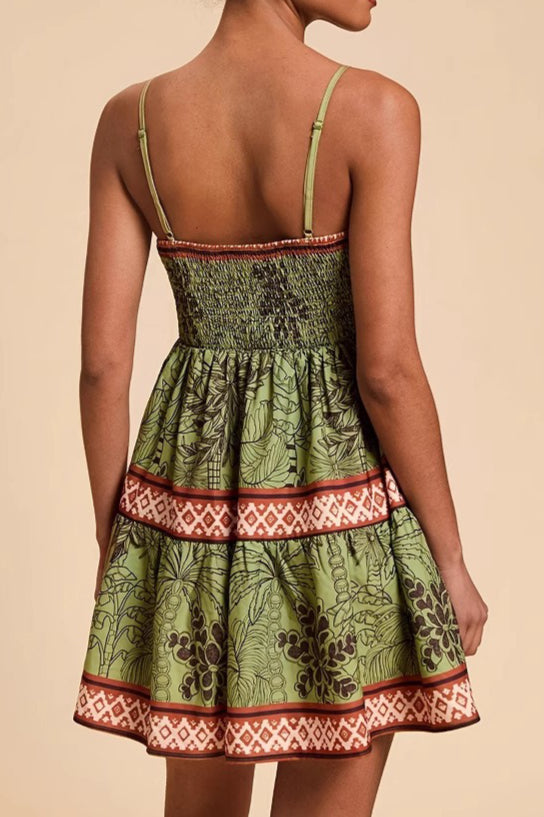 Green Printed Cami A Line Vacation Dress