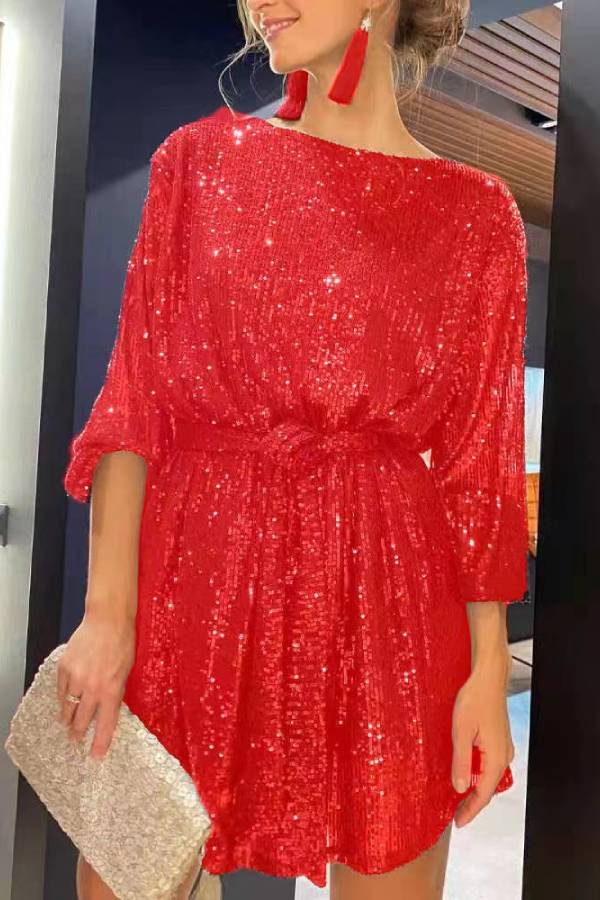 Boat Neck All Over Sequin Waist Tie 3/4 Sleeve Mini Party Dress