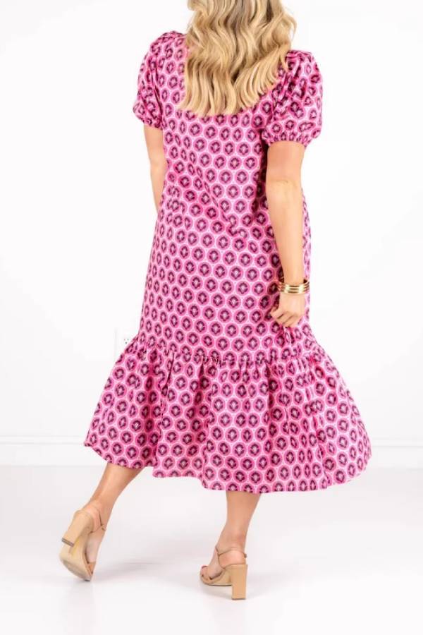 Pink Geometric Print Ruffle Neck Bubble Sleeve Shift Dress