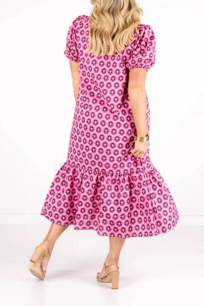 Pink Geometric Print Ruffle Neck Bubble Sleeve Shift Dress