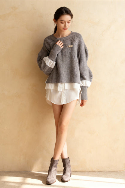 Loose Shirt Patchwork Layered Knit Pullover Sweater