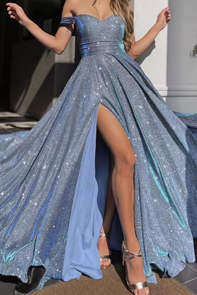 Sequin Strapless Slit Ball Gown Prom Dress
