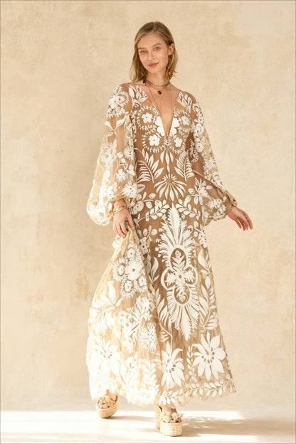 V-Neck Summer Casual Long Sleeve Boho Dress