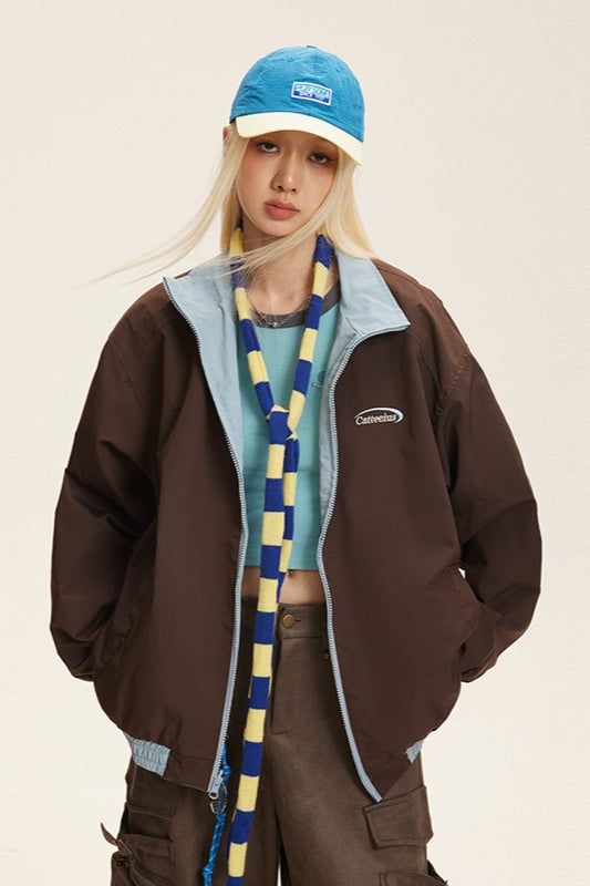 Reversible Stand Collar Colorblock Jacket